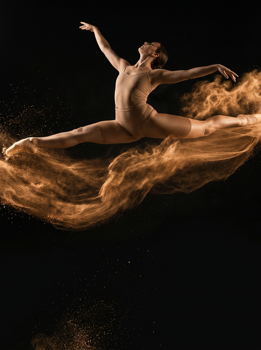 Dancer mid-leap with golden dust
